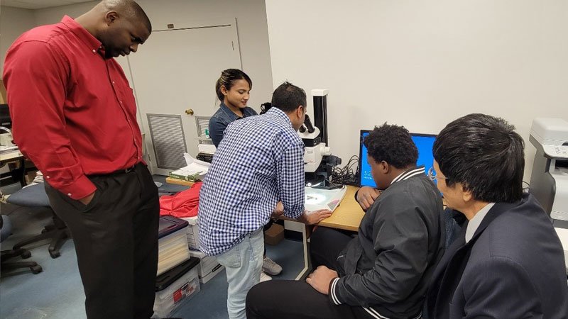 Undergraduate and graduate students are trained to use a high-quality microscope for loading samples into diamond anvil cell (DAC), which is used for the high-pressure and high-temperature experimentations. After the trainings, the students get fully involved with the senior scientists.