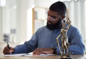 A man with short dark hair and a beard wearing glasses is writing on paper in an office.