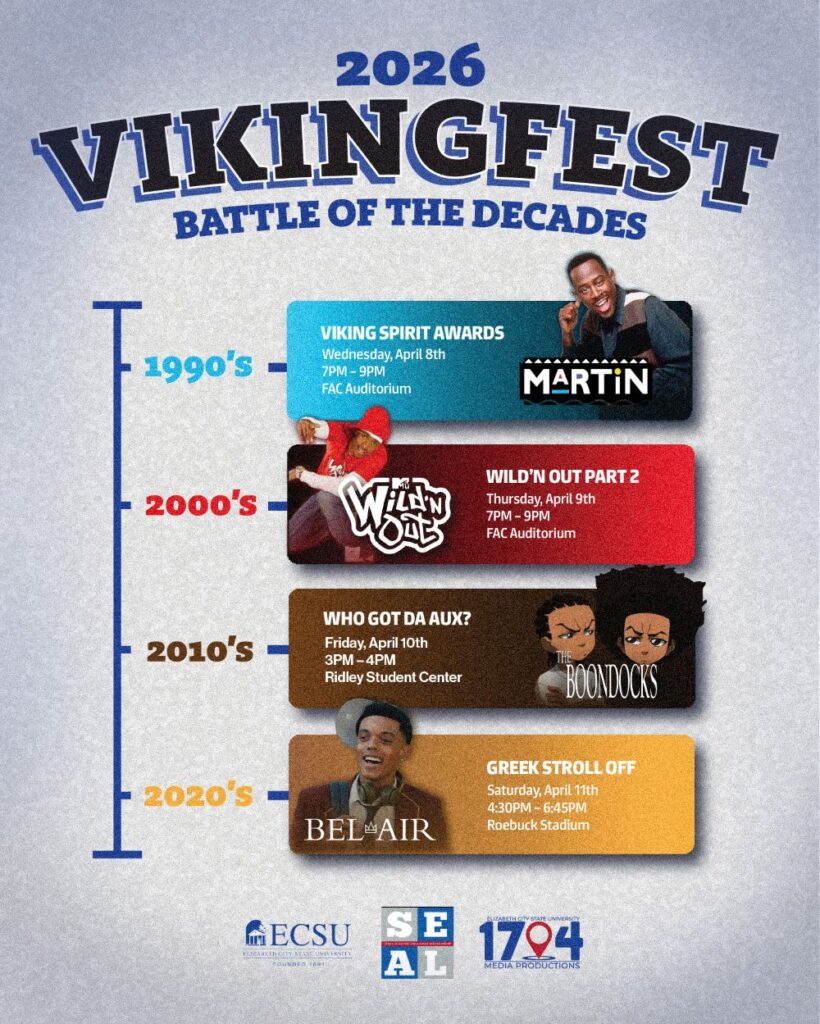 Flyer for “2026 Viking Fest: Battle of the Decades” featuring a schedule of themed events from the 1990s through the 2020s with dates, times, and locations.